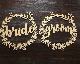 Gold Bride and Groom Wreath Chair Signs Wedding Chair Signs