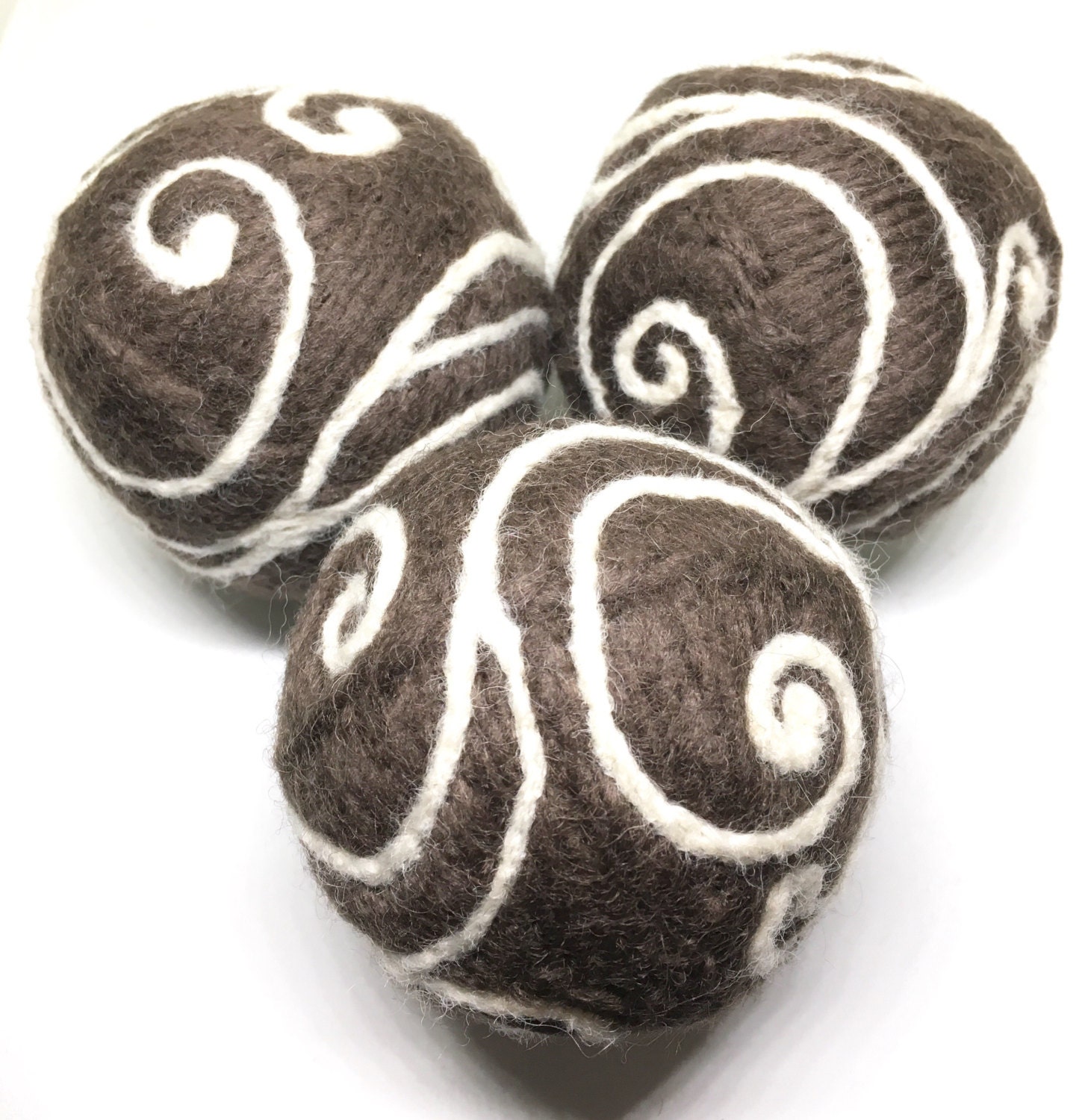 Pure wool felted dryer balls set of three in dark brown with