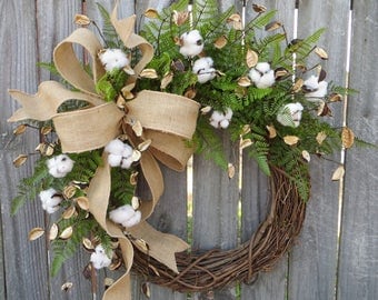 Cotton Wreath - Wreath Great for All Year Round - Everyday Cotton Wreath, Door Wreath, Burlap Bow Wreath, Etsy Wreath