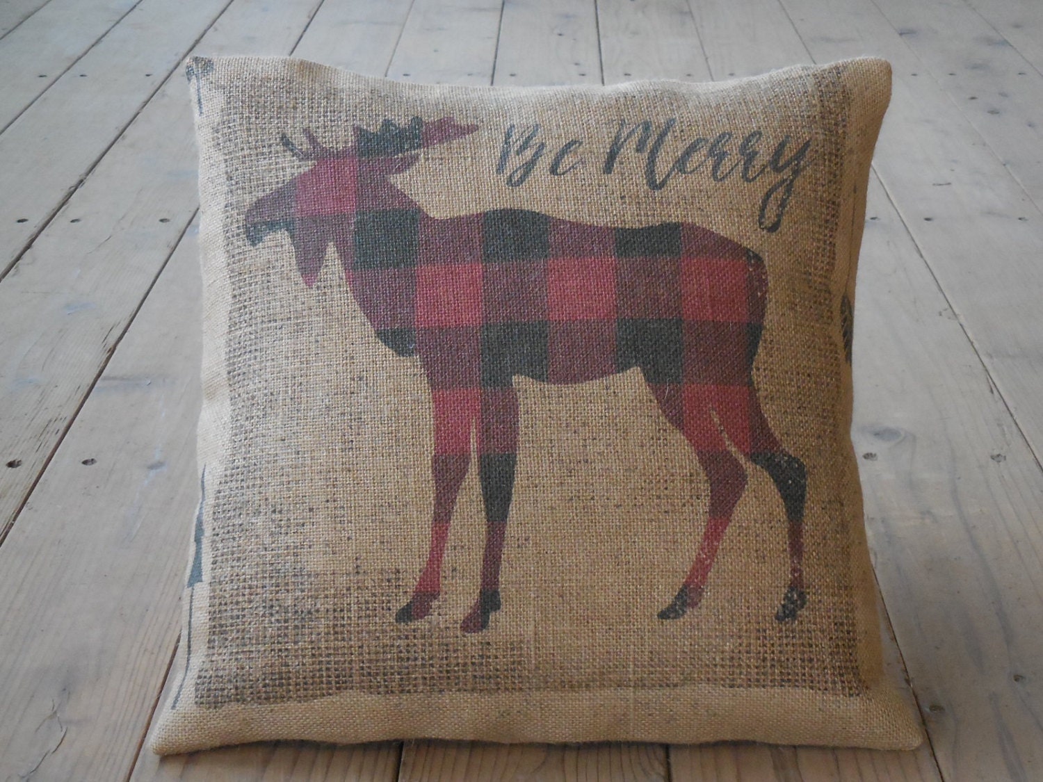 Christmas Moose Burlap Pillow Be Merry Christmas Farmhouse