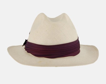Ivory PANAMA Straw Hat Vtg 60’s Park Plaza White Wide Brim Pleated Ribbon Band WESTERN Cowgirl Boho Hippie Festival Fedora - Large/XL