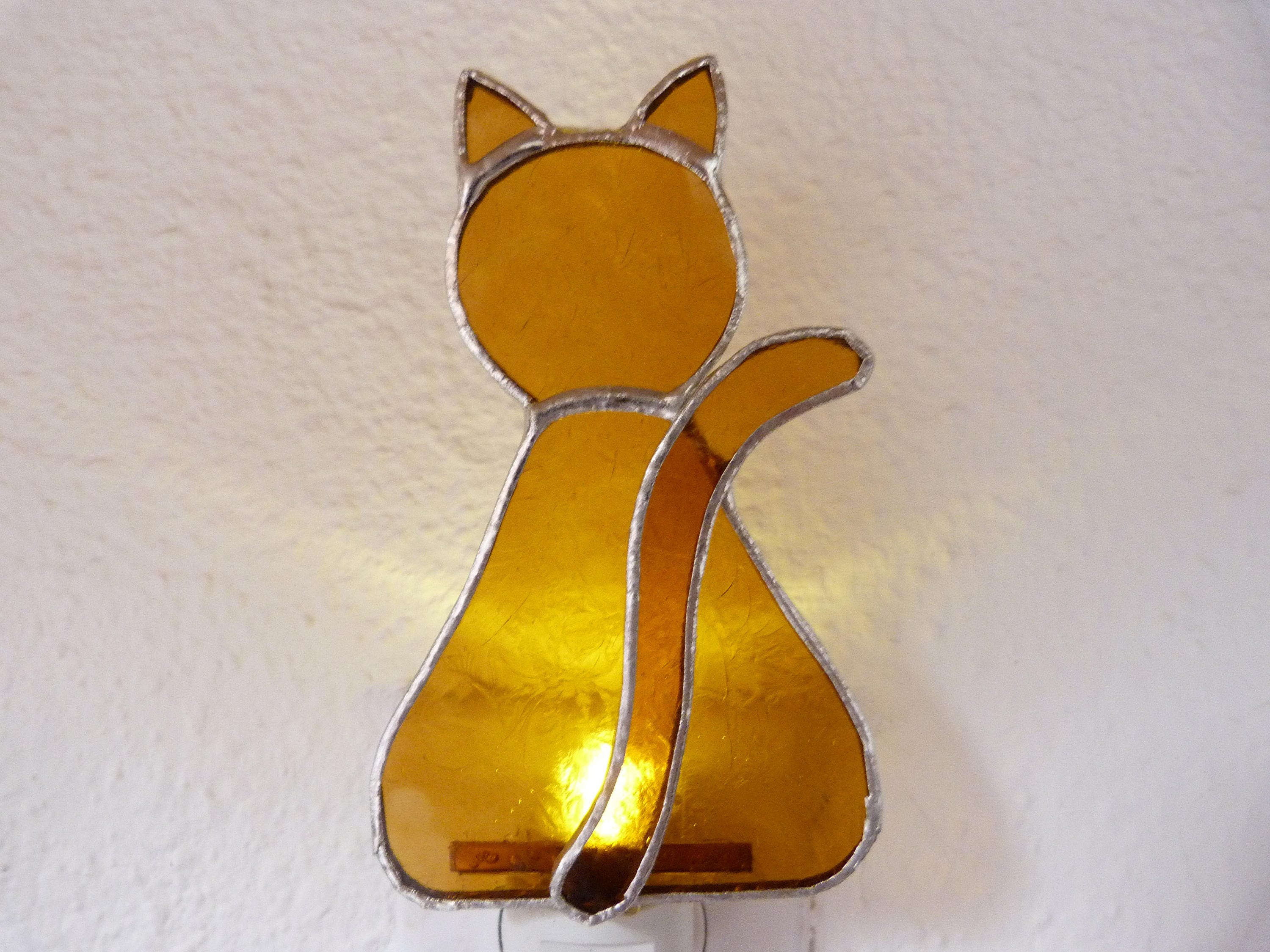Yellow Cat Night Light Stained Glass Pet 3D Plug in with