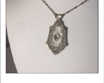 Antique Art Deco 14k Camphor Glass Rock Crystal Starburst Diamond Filigree Necklace