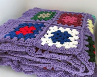 Vintage purple crochet afghan throw blanket in multicolored granny squares 70 x 64 in