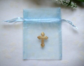3 x 4 Baby Blue Organza Bags with Gold Puffy Nylon Cross, First Communions, Baptism Favors, Christening Favors, 10 pieces