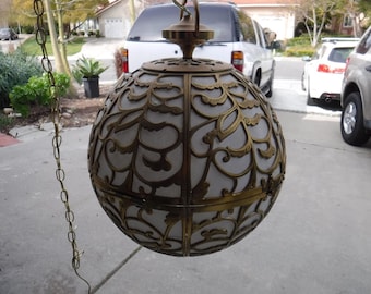 Vintage Pierced Brass Asian Ceiling Swag Light Fixture With Rice Paper