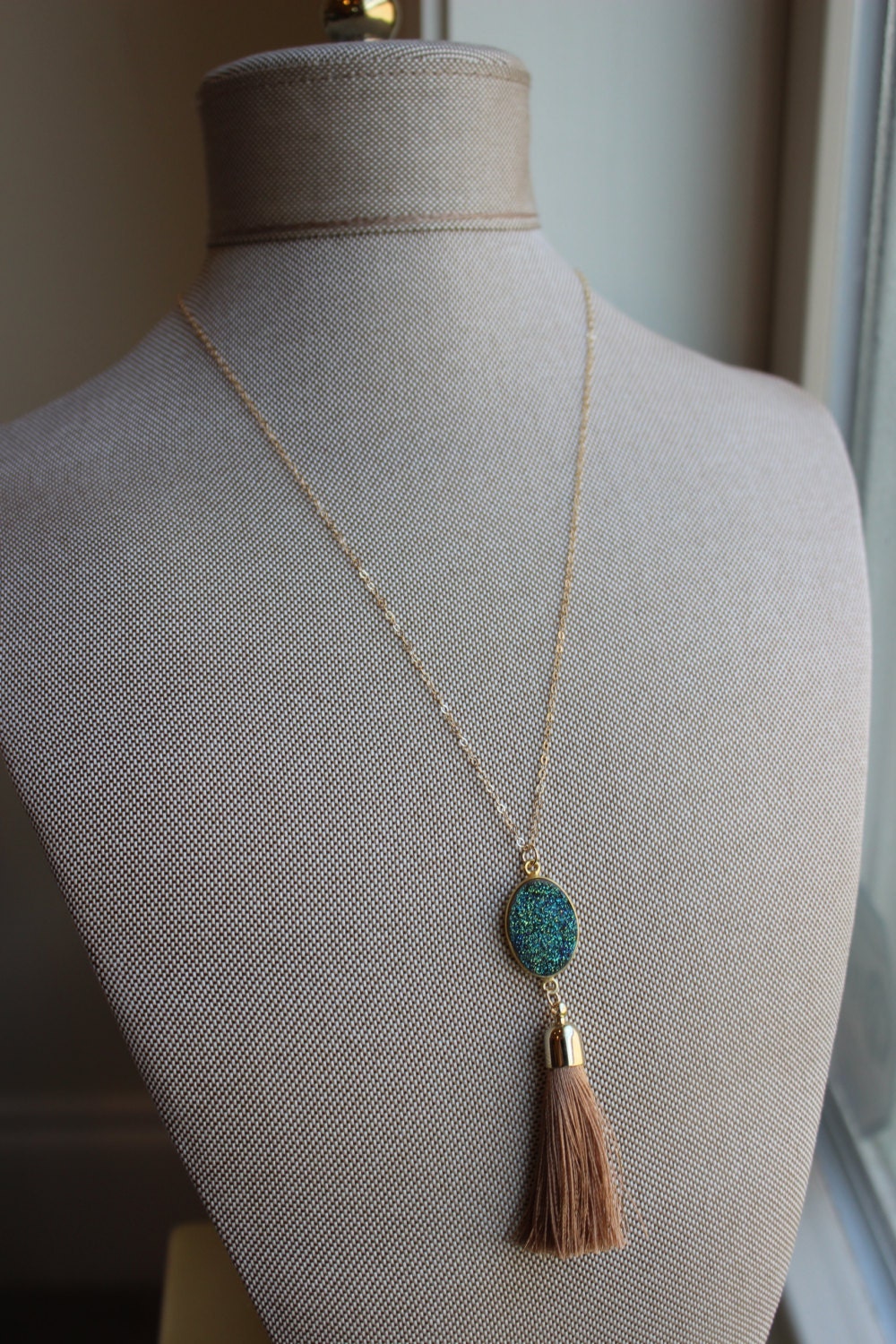 Gold Tassel Necklace Druzy Necklace Fringe Necklace Tassel