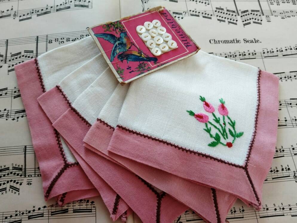 Antique Linen Napkins Shabby Chic Set Retro Floral Cocktail