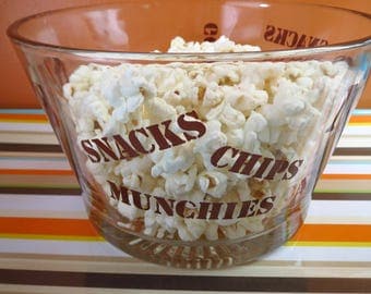 Vintage 1970s Retro Brown Glass Snacks Nuts Pretzels Candy Chips Typography Party Bowl