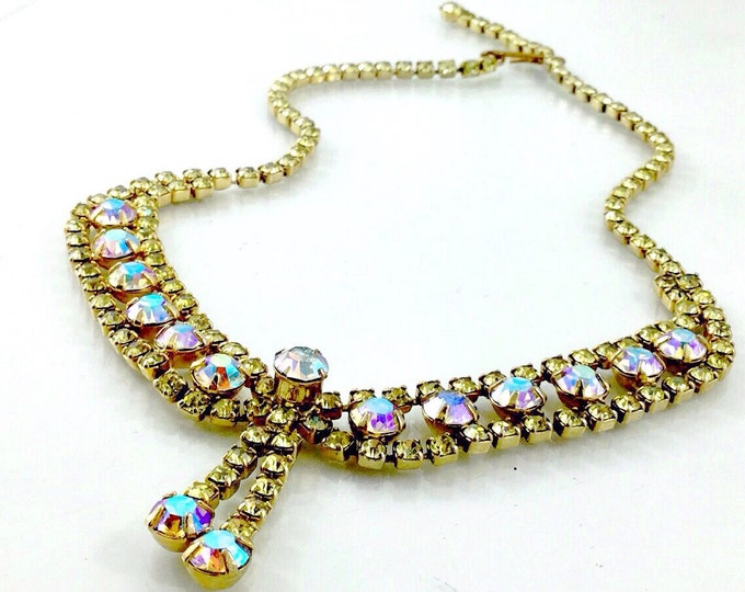 Amazing Vintage Yellow Rhinestone Necklace, Vintage aurora borealis rhinestone necklace. Hi End Quality Designer. Yellow Necklace