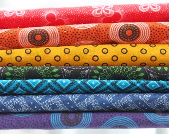 Shweshwe Fabric, Fat Quarter Bundle, South African Fabric, Gift for Quilters, ROYGBIV 100% cotton, Three Cats fabric, Rainbow Colors