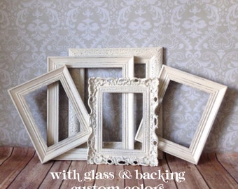 Shabby Chic PICTURE FRAMEs wedding decor Antique White distressed PHOTO frame collection Glass Easel Back