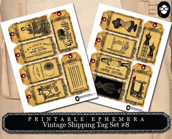 Sewing Printable - Vintage Shipping Tag Collection # 8 Sewing - 2 Page Instant Download - sewing room print, sewing art print, journal card