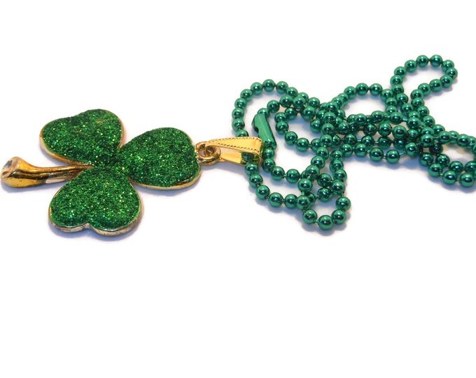 Irish shamrock necklace, green glitter shamrock, gold tone base, green ball chain, three leaf clover
