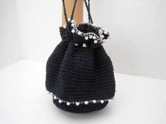 Crocheted Purse - Navy White Beads - Hand Beaded Prom Wedding