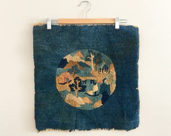 Vintage Oriental Rug Sample Square Small Hand Knotted Asian Decor