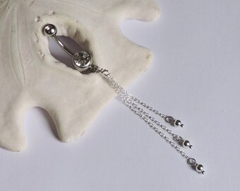 Long Belly Button Ring - Belly Ring - Dangle Navel Piercing - Jeweled Barbell with Sterling Silver Chain and Beads - Belly Button Jewelry