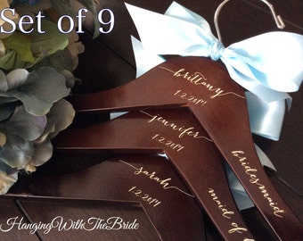 Set of 9 Wedding dress hanger, Wooden Engraved HangerCustom Bridal Hangers,Bridesmaids gift, Wedding hangers with names,Custom made hangers