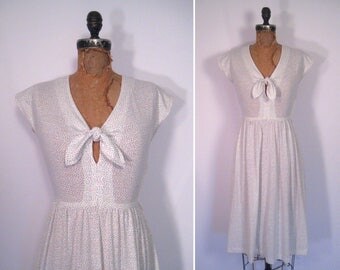 1970s white confetti print dress • 70s sheer swiss dot day dress • vintage subliminal sounds dress