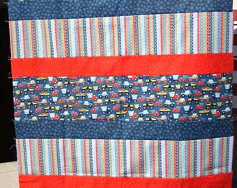 Quilt Top, Unfinished Quilt Top, Boy's Quilt, Boy's Crib Quilt, Toy Trucks, Navy Orange Quilt, Truck Quilt, Baby Boy Quilt