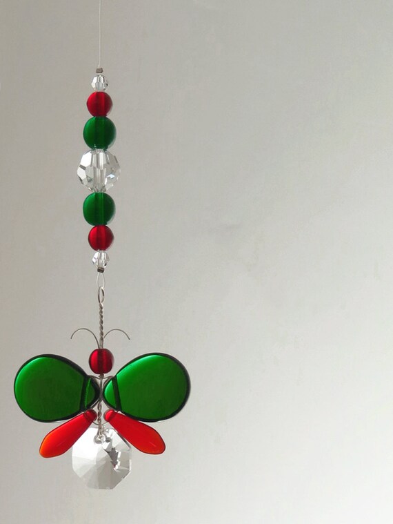 Red Christmas Ornament Rear View Mirror Charm Green Butterfly
