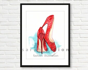 Original illustrated shoe art prints framed and sold as a pair