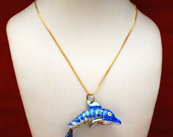 Blue Enamel Articulate Fish Necklace - gold chain - dolphin sea life - pendant