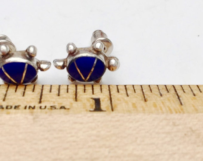 Lapis Inlay Turtle Earrings - Blue gemstone - Signed Sterling Silver - Stud earring