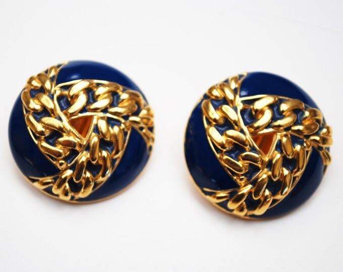 St John Earrings- Chunky Blue Enamel Gold rope chain -Clip on earrings - Nautical