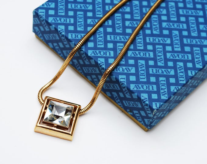 Square Crystal Necklace - Avon Signed - ClearGlass Rhinestone - Snake gold Chain - Origional Box