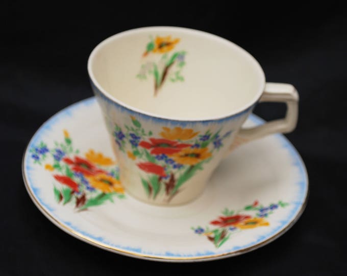 H & K Tunstall Tea cup and Saucer - Made in England - Flower - blue red orange green - shabby chic