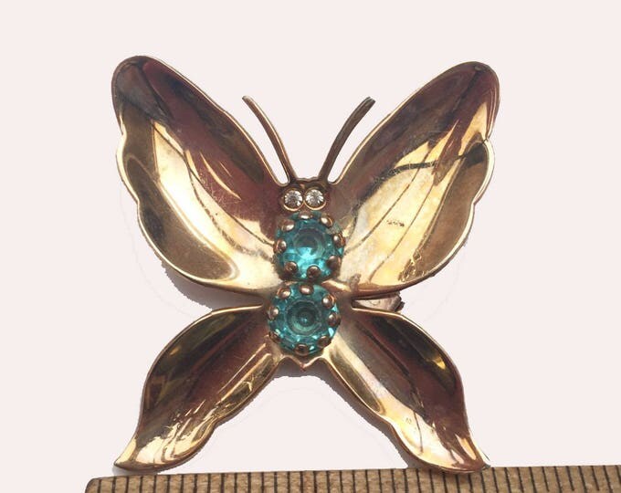 Butterfly Brooch - Blue Rhinestone - Gold plated metal - Insect figurine pin