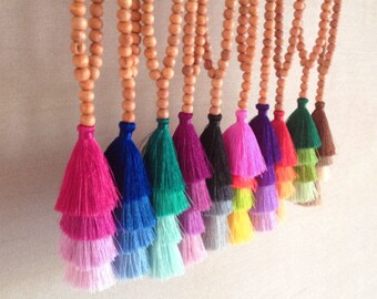 NEW Tassel Stack Necklace, Festival Tassel Necklace, Silk Tassel Beaded Necklace, Bohemian Jewelry, Gypsy Long Necklace, Assorted Colors
