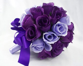 Bridesmaid bouquet set, Purple bouquet, Purple bridesmaid bouquets, Rose bouquet, Silk flower wedding bouquets, Plum bouquet, Bride boquet
