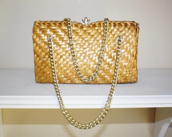 SASHA Italy Handbag, Evening Bag SASHA ITALY Purse Clutch Rattan Woven Gold Tone Handles Chic Stylish Unique