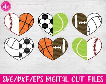 Half Sports Hearts, SVG, DXF, EPS, Cut Files, Mix to Create Full Heart, Baseball, Softball, Basketball, Soccer, Football, Volleyball, Tennis