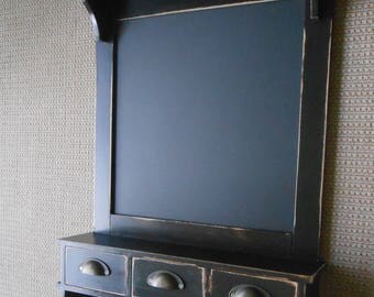 Black Chalkboard with Storage Drawers-Message Board with Storage- Chalkboard Organizer-Black Distressed Chalkboard with Drawers and Hooks