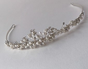 Pearl and Rhinestone Tiara, Bridal Hair Accessory, Rhinestone and Pearl Crown, Princess Tiara, Floral Tiara, Bridal Leaf Crown ~TI-723