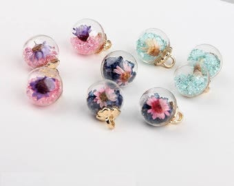10Pieces, Dry flower Glass Pom Pom, Pom Pom, Dry flower jewelry, Glass ball earrings necklace DIY, Pom Pom Pendants, Flower Jewelry Supplies