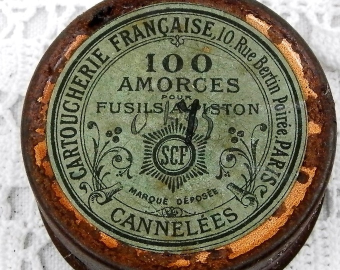 Small Antique French Round Shotgun Rifle Cartrige Primer Tin,"Cartoucherie Française" from Paris, Retro Home, French Country Decor, Tiny