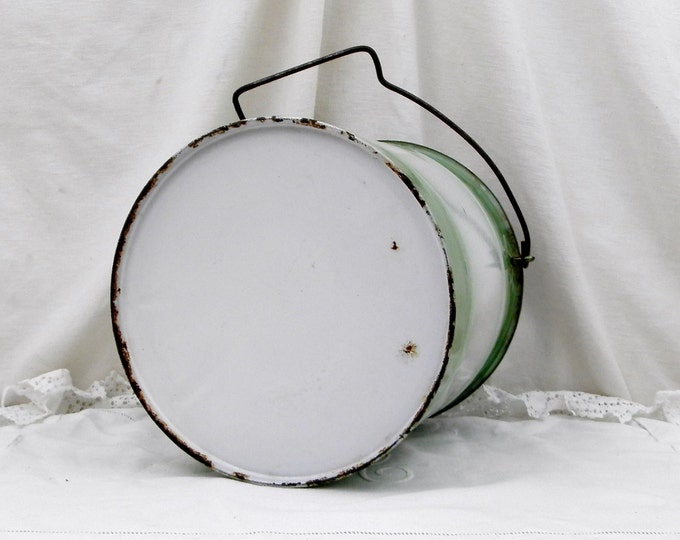 Antique French White and Green Enamel Bucket with Stenciled Rose Pattern, French Enamelware Country Decor Plant Pot, Shabby Cottage Chic