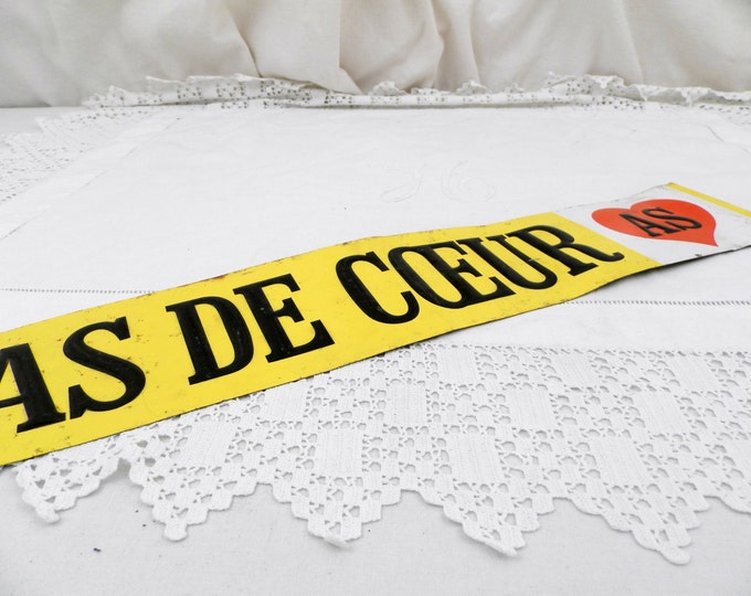 Vintage French "As de Coeur" Ace of Hearts Yellow & Black Painted Embossed Metal Sign, Man Cave, Decor, Retro, Home, Interior, Wall Hanging