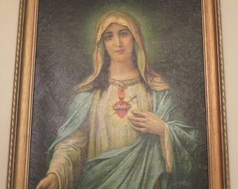 Vintage Mary with Sacred Heart- Framed Lithograph