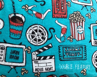 FLANNEL - Blue Movie Theater Fabric - Popcorn Flannel - Friday Night Movie Fabric - Cinema Fabric - Drive In Movie Fabric - Movie Ticket