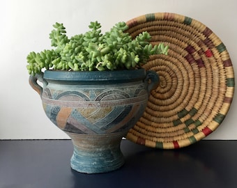 vintage terra cotta urn planter painted pastels boho southwestern