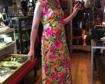Vintage 1970's Hawaiian Dress, Tropical Floral Sleeveless Dress, Floor Length Cotton Dress, Made in Hawaii
