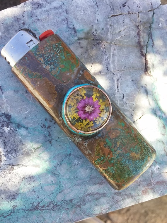 Copper Bic Lighter Case With Flower