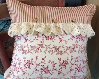 Farmhouse pillow cover, French country, shabby chic, red and cream ticking
