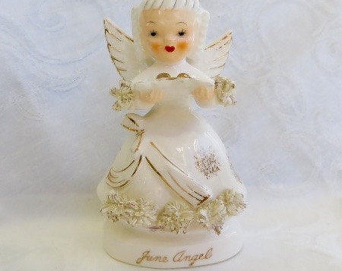 Vintage Angel Figurine, June Bride Wedding, Porcelain Cherub with Wedding Rings, Bridal Figurine 1950s