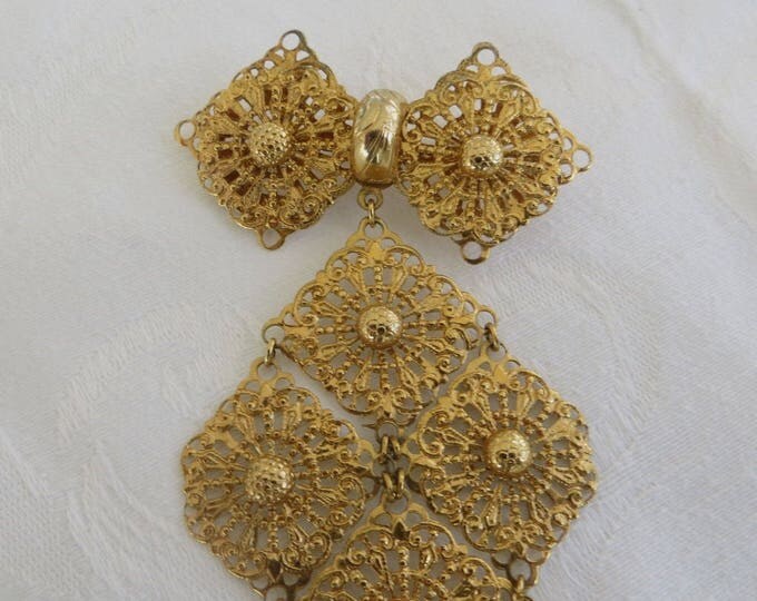 Filigree Dangle Brooch, 6 inch Openwork Pin, Large and Dramatic